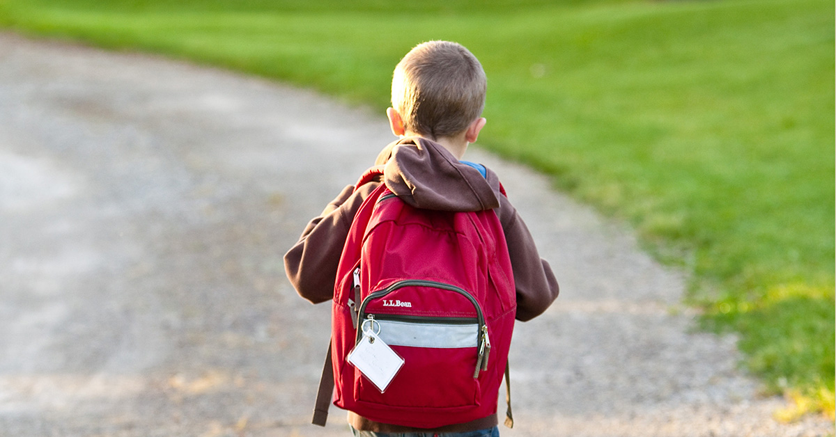Little boy walks to school with backpack