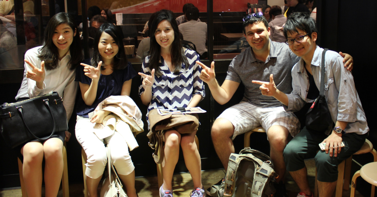 Gazzola (third from left) and Lowery (fourth from left) with Keio exchange students in Japan