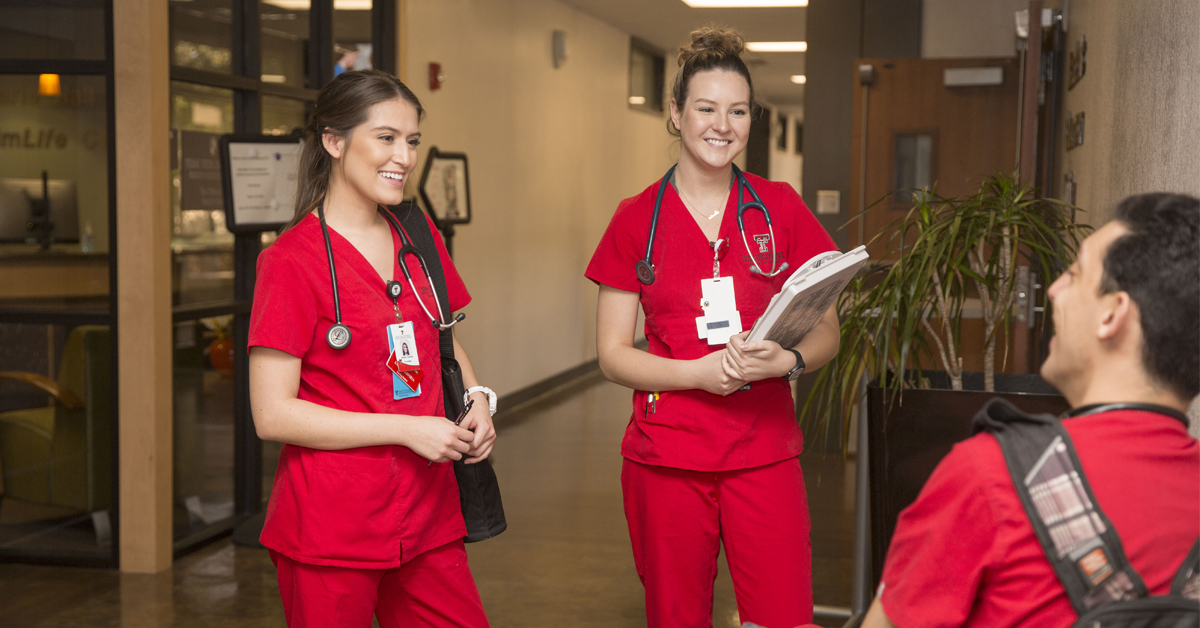 TTUHSC nursing students visiting in hallway