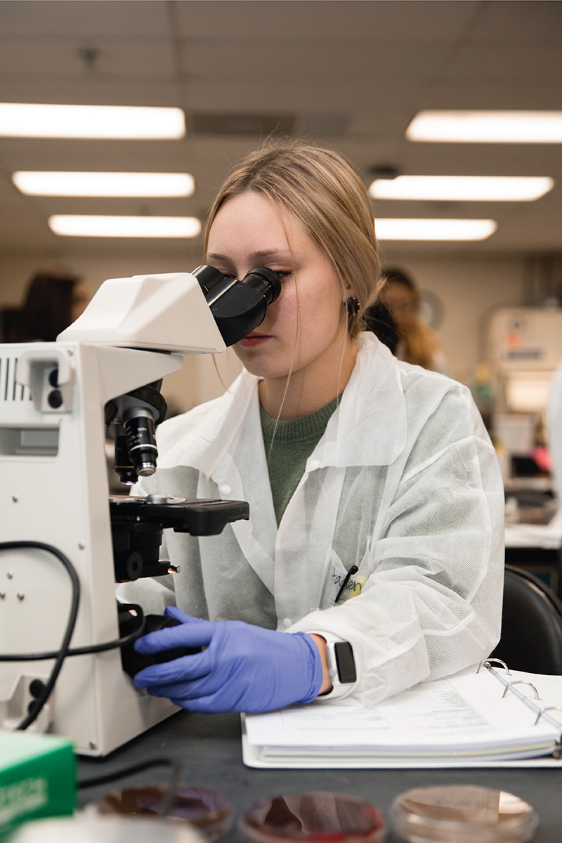 TTUHSC clinical lab science student looking through a microscope.
