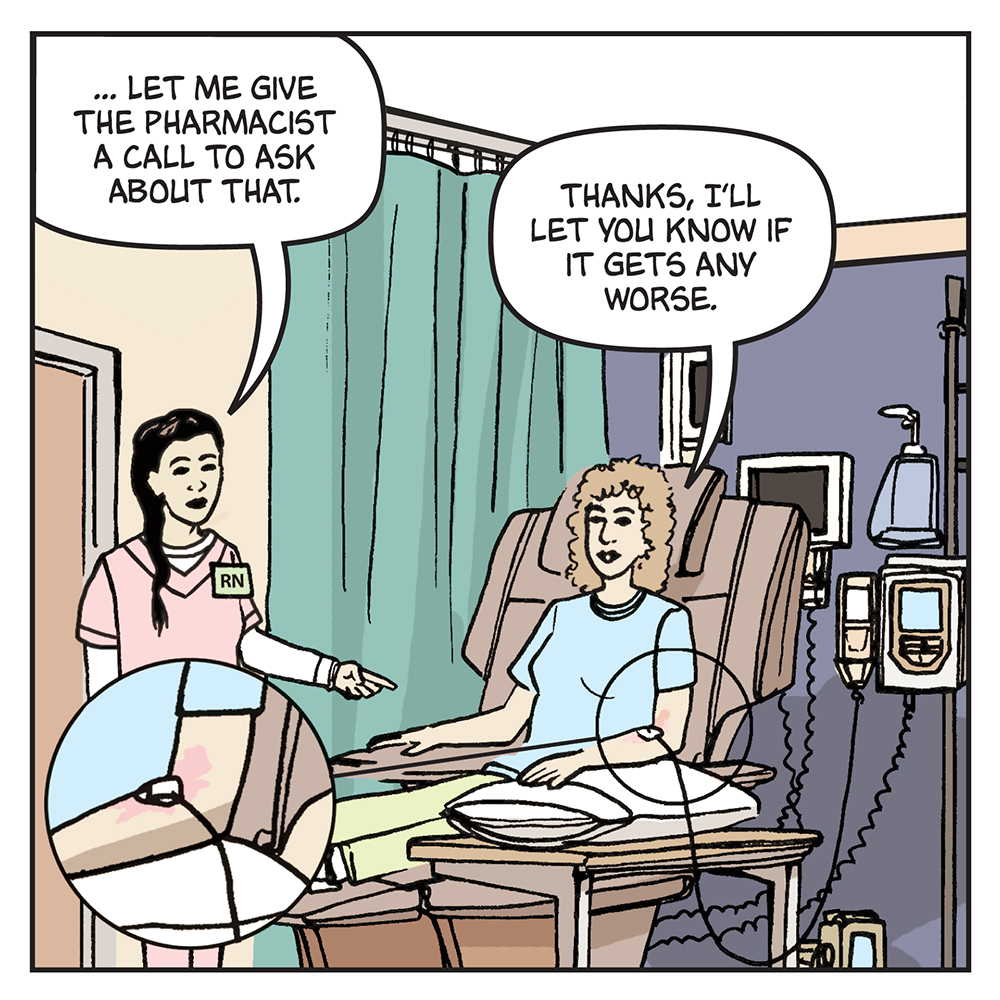 comic book style art depicting a woman in a hospital speaking to a nurse about matters in pharmacy 