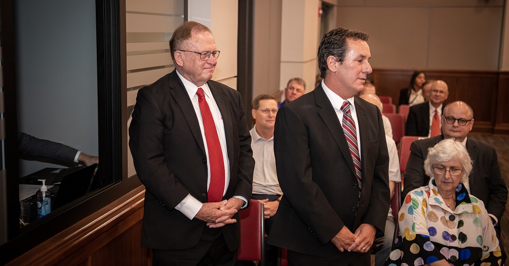 Billy U. Philips, Ph.D., MPH, and Thomas J. Abbruscato, Ph.D. receiving their Grover E. Murray professor appointment