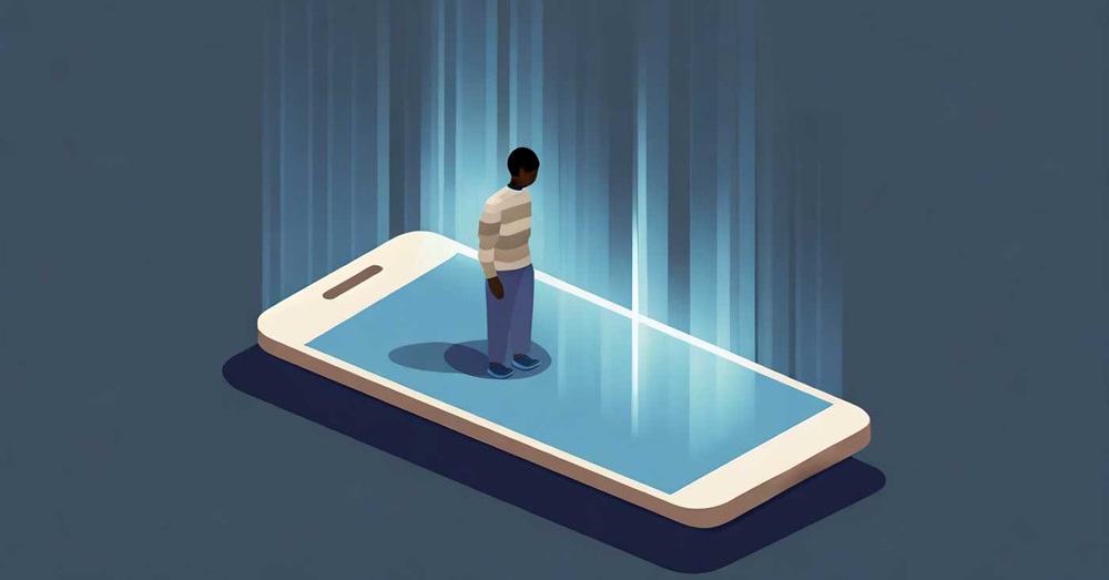 graphic illustration of person standing on a giant iphone