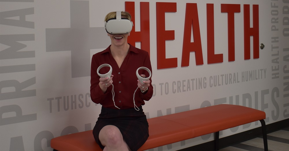 woman wearing virtual reality headset sitting on a bench