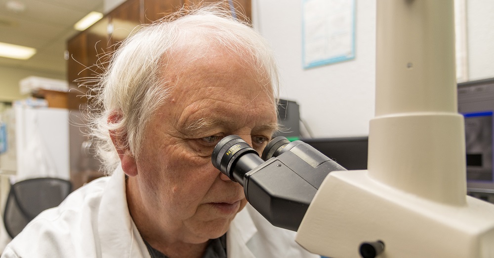 Samuel Prien, Ph.D., looking through a microscope