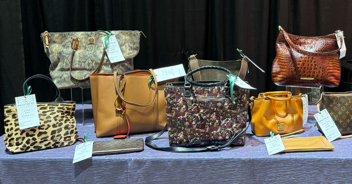 Several purses sit on a table.