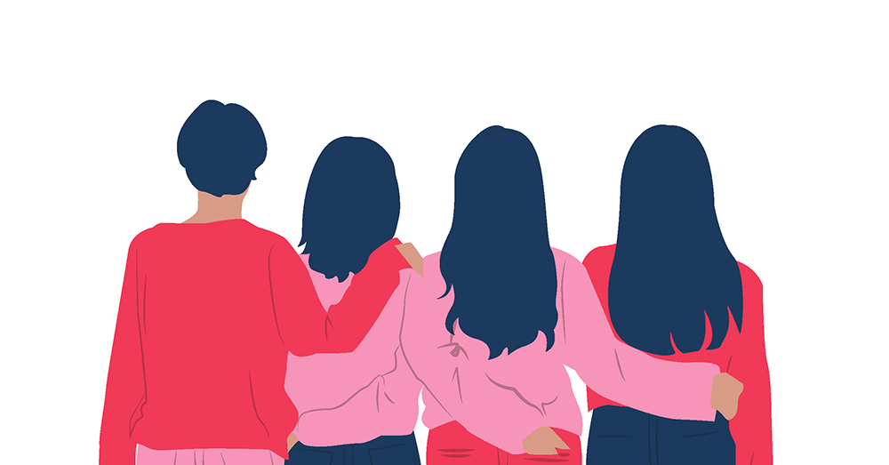 graphic illustration of women standing with their arms around each other