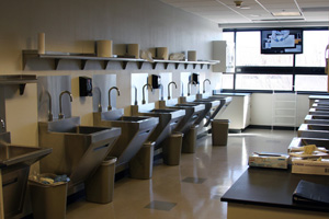 The 2,000-square-foot facility contains 26 workstations with hoods to teach proper sterile procedures.